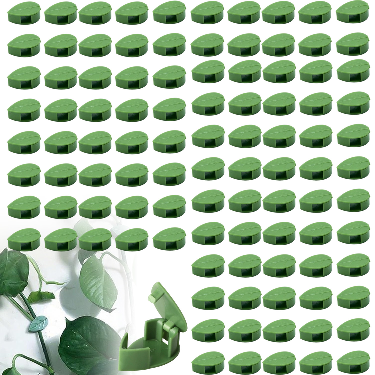 Image of Leaf Shaped Plastic Plant Clips 100 Count With Matching Adhesive Pads For Vine Climbing And Branch Positioning Work