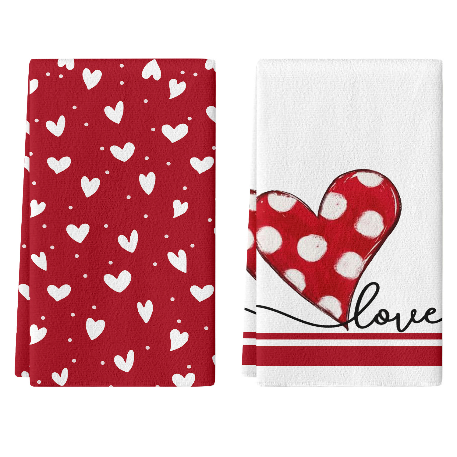 

Set Of 2 Red Towels Featuring Heart Designs For Valentine's Day, Soft With A Romantic Theme, Ideal Gift For Couples, Measuring 12x18 Inches.