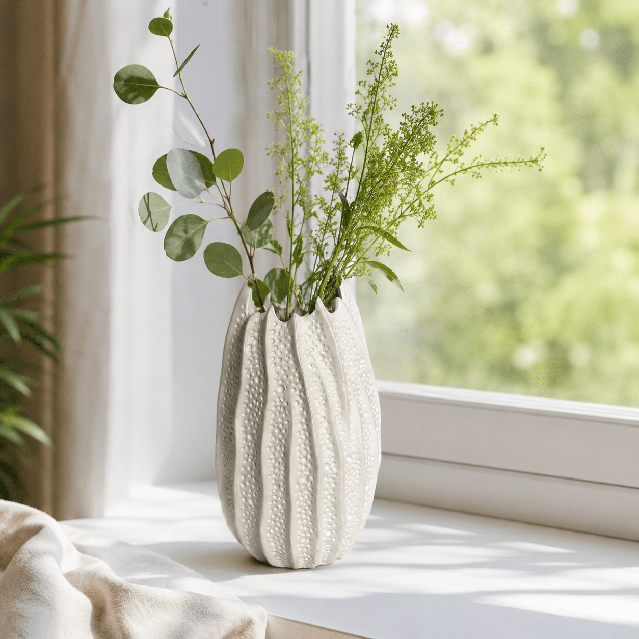 Sea Urchin Ceramic Vase Suitable for Bohemian & Nordic Decor - Modern Minimalist Round Cylindrical Urchin Vase, White Pattern Tabletop Centerpiece for Dried Flowers, Sea-Themed Home Ornament for Living Room, Coastal Gift
