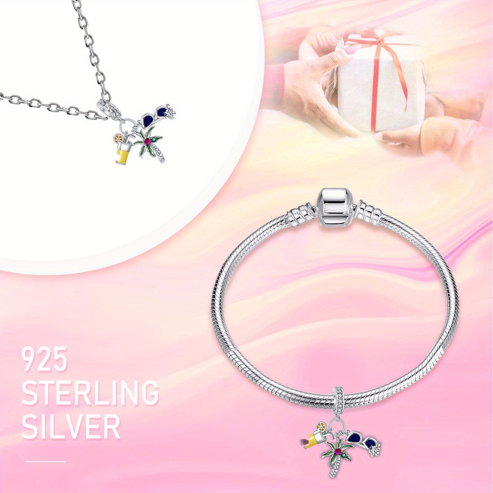 Summer Beach Dangle Charm for Bracelet, 925 Silver Pendant