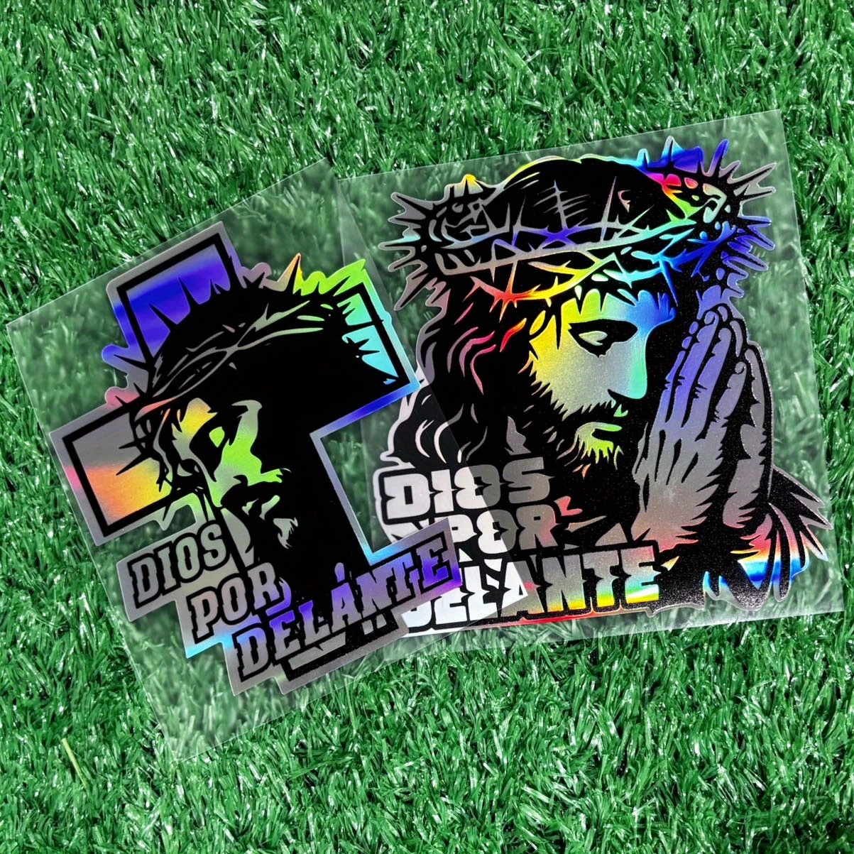1 pc GOD IN FRONT with cross stickers, waterproof laser reflective decals