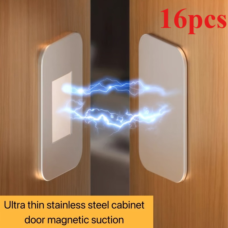 TEMU 16pcs (8pcs And 8pcs Adhesive Style) Stainless Steel Ultra-thin Cabinet Door Magnetic Stickers, No-drill Strong Magnet Cabinet Door Catch,