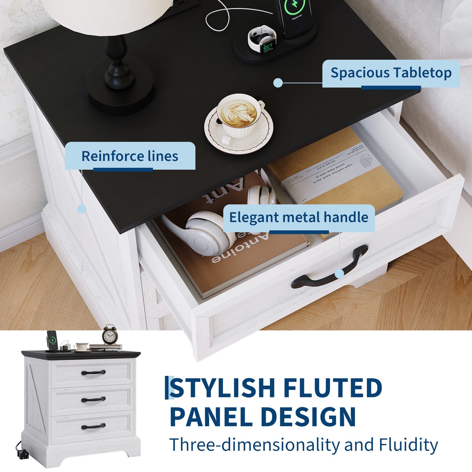 Large 24-inch Modern Farmhouse Nightstand with 3 Drawers - Rustic Bedside Table Suitable for Bedroom & Living Room, Space-Saving End Table with Ample Storage,, Assembly, Multicolor for Small Spaces (Assembly)