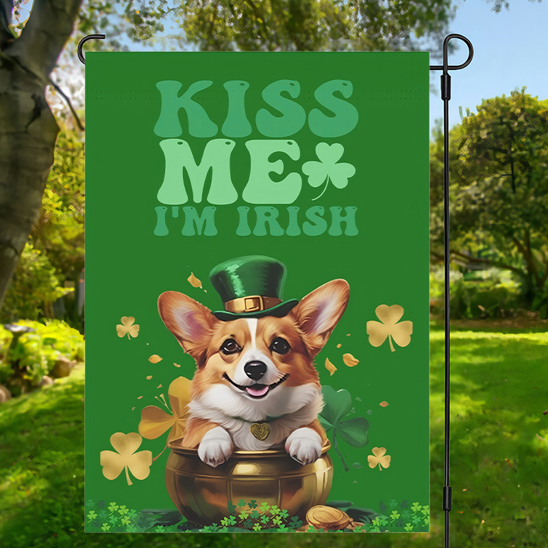 

1pc 's Day Garden Flag, 12x18 Inches, Polyester, Double-sided, Irish Corgi With Clover, Outdoor Decor, Seasonal Farmhouse Banner, No Electricity Needed