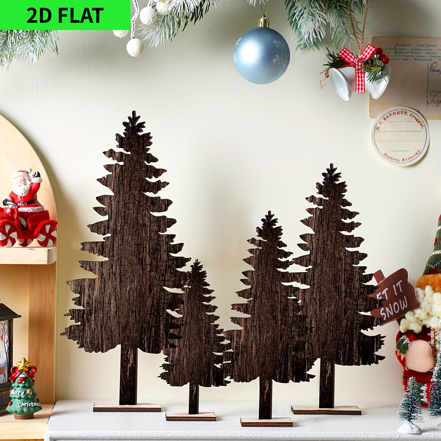 TEMU 2d Flat, 2d Flat 4pcs Natural -style Mini Pine Tree Set - Rustic Farmhouse Christmas Table Centerpiece With , Irregular Tree Shape And Layered
