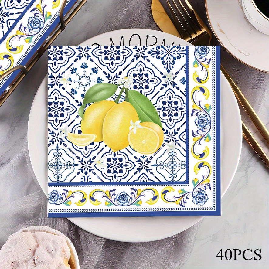 E-shop 40 Stück Zitronenparty-Napkins - Leuchtendes Blau und Gelb Zitronendesign, 2-Lagige Papier-Napkins für Sommerpartys, Feiertagsdekorationen und