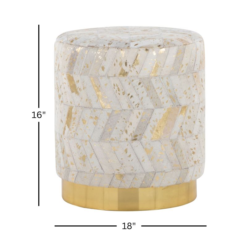 Leather Ottoman in Golden Metal and Ivory Leather with Golden Splatter