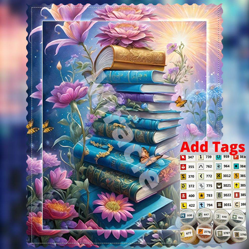 TEMU New Large-size Diamond Painting Diy Kit, "sea Of Books And Floral Charm," Includes Fairy Dust, Ab , Square/round Options, Colored Edge