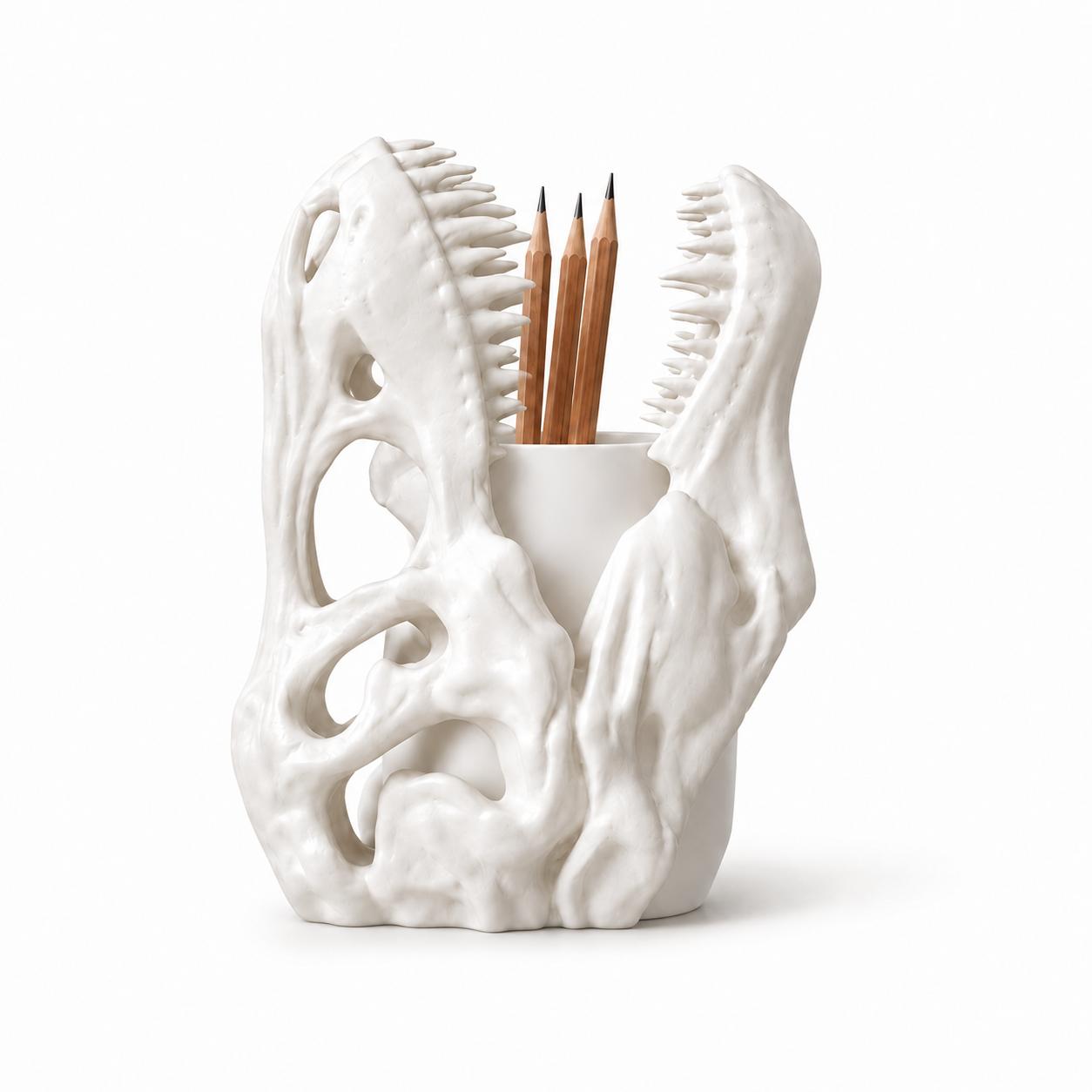 Image of Pen And Pencil Holder - White And Black - Dual Position Dinosaur Desk Organizer For Home Office, Novelty Stationery Storage Gift For Dinosaur Lovers