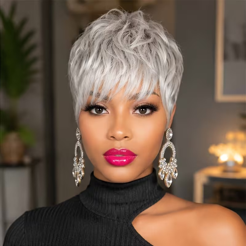 TEMU New Women's Short Gray Synthetic Wig, Artificial Hair, Synthetic Fiber Wig, Cut Wigs For Cosplay Costume Wigs Fluffy And Full-bodied Wig, Low