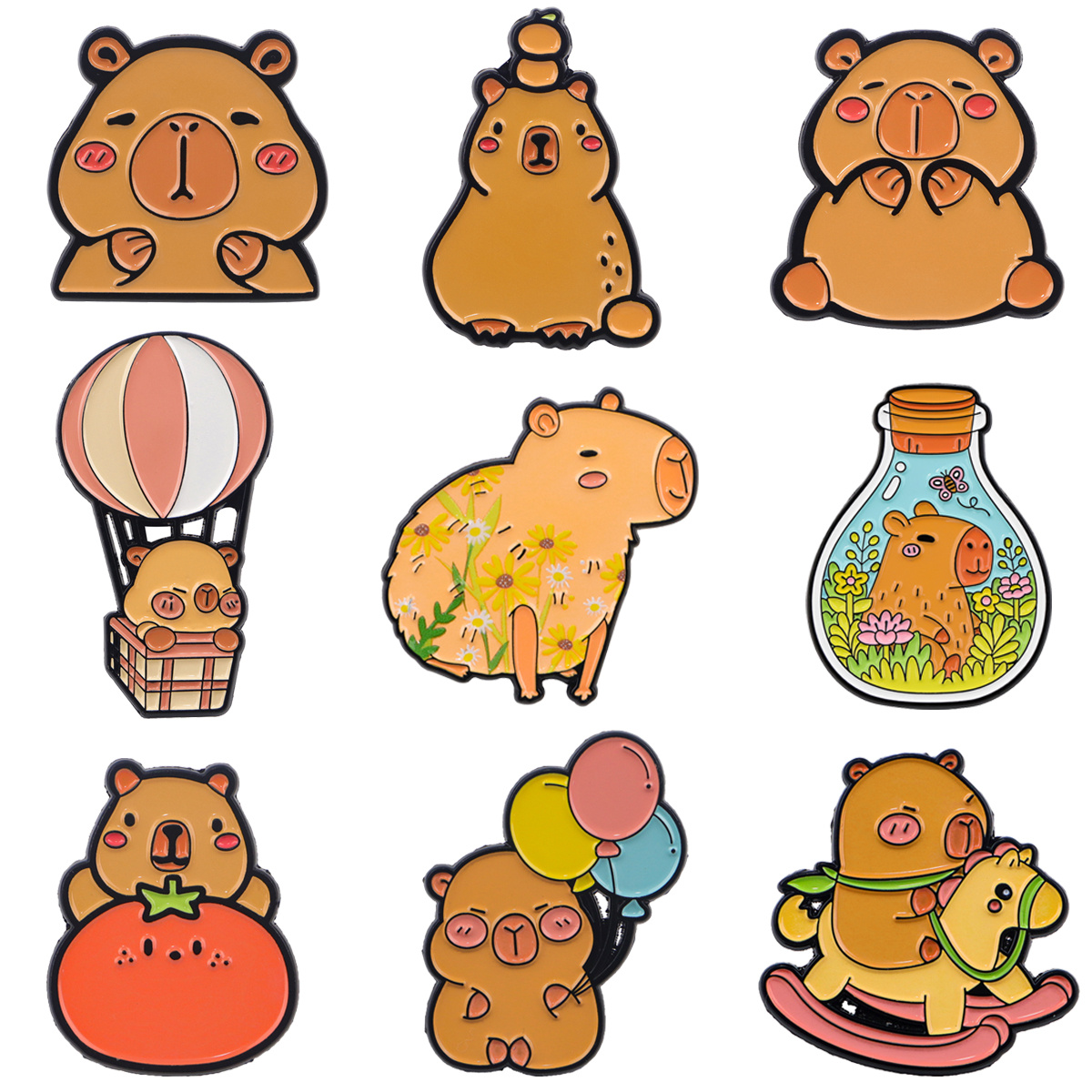 

Set Of 9 Adorable Cartoon Capybara Enamel Pins, Decorating Backpacks, Clothing, And As Gifts.