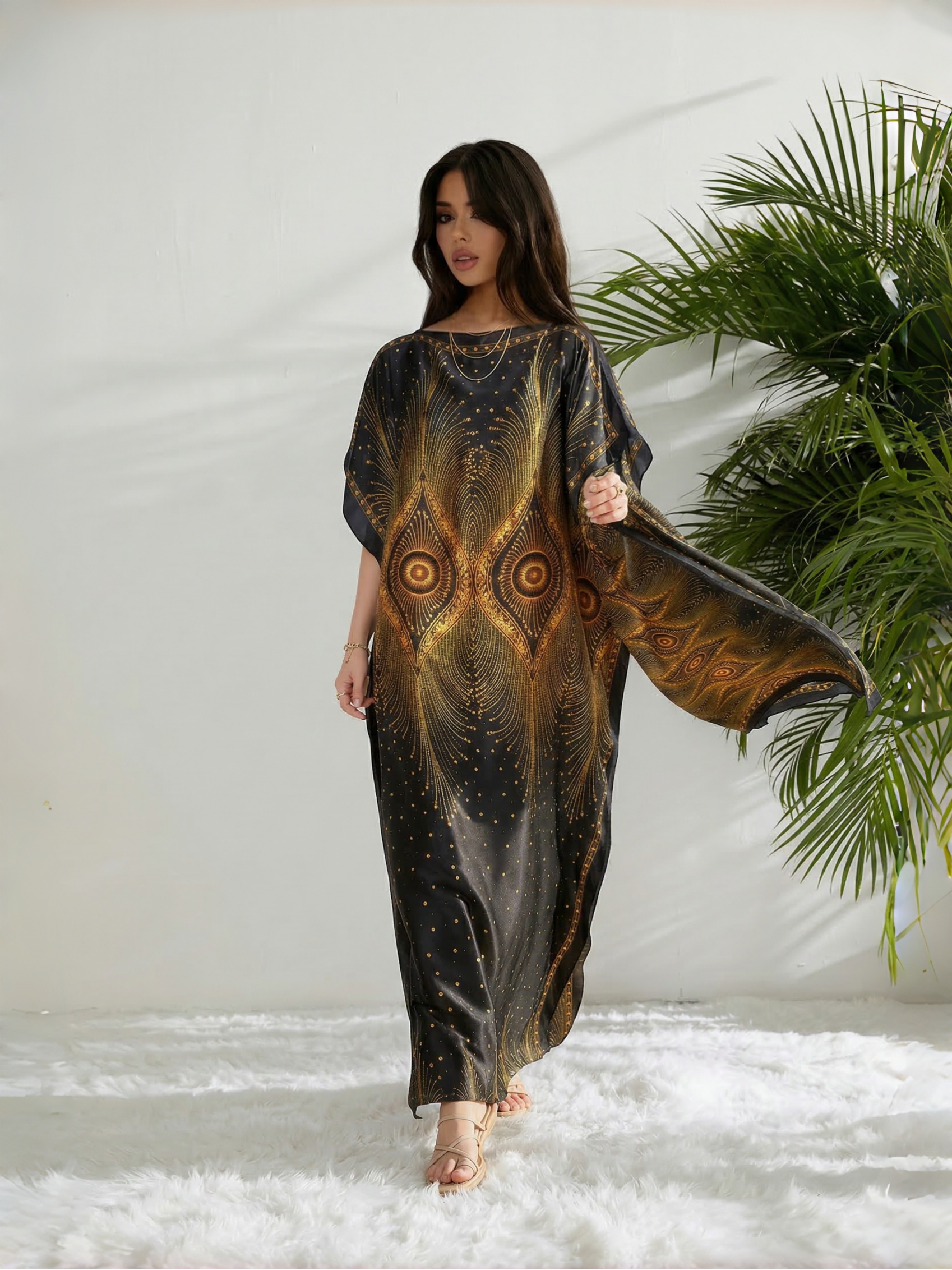 green emerald velvet dress Nicoblu Shireen Black Silk Kaftan in Bronze Gold Floral Toile Plus