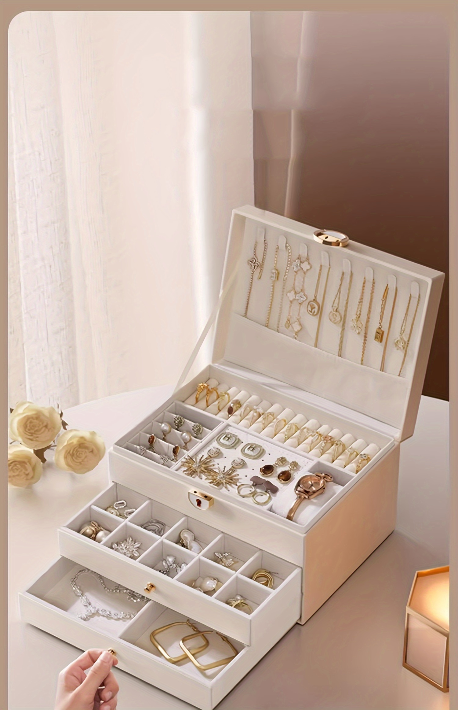 Estuche de Almacenamiento para Joyas de Cuero Sintético con Estilo, Caja de Joyería con Tres Cajones, Elegante Caja de Exhibición para Escritorio, Múltiples Compartimentos para Collares, Pendientes, Anillos y Pulseras, Cierre de Botón, Forro de Tela