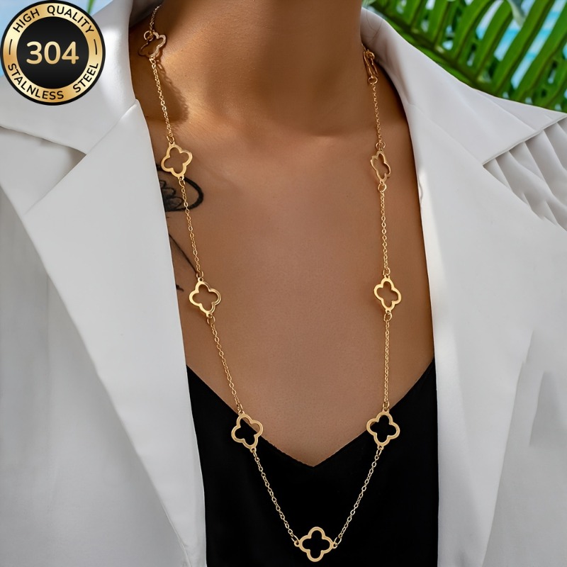 TEMU Collier Long Élégant de Haute Qualité en Acier Inoxydable Doré à Motif Floral, Collier Floral pour Femme, Accessoire de Chaîne en Acier