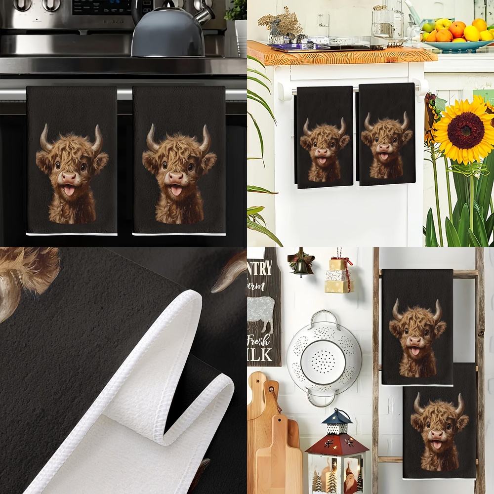 TEMU 2pcs 2d Flat Printing Highland Cow Kitchen Towels, Vintage Style, Polyester Fiber, Machine Washable, Fade-resistant Decorative Cloth, Suitable