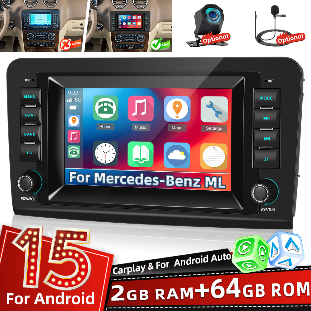[2G+64GB] za Mercedes-Benz ML 15 GPS avtoradio s 7-palčnim kapacitivnim zaslonom na dotik, z brezžičnim Carplay, brezžičnim Auto/, vgrajenim