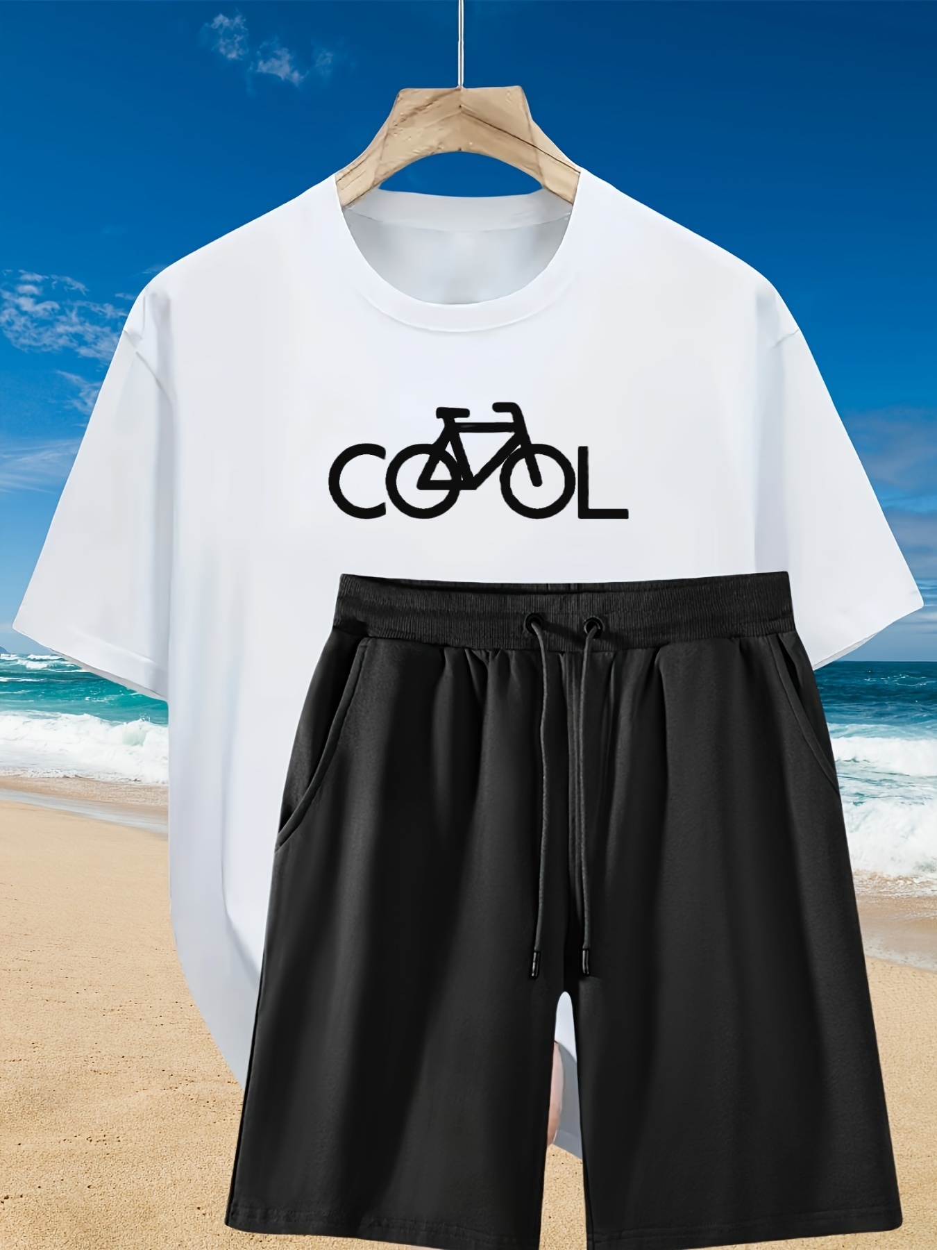 2pcs Men's Summer Casual Outfit: Relaxed Fit Cotton T-Shirt & Drawstring Shorts Set -Bike Printed - Sporty, Comfortable, Beach-Ready, Summer Shorts, for Daily & Weekend Casual Wear