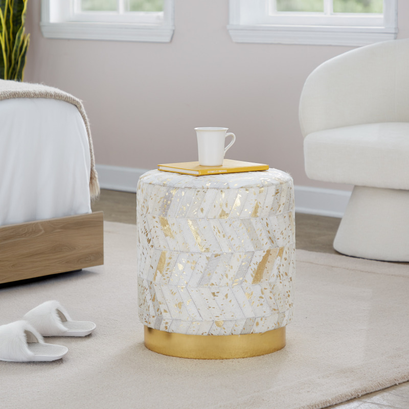 Leather Ottoman in Golden Metal and Ivory Leather with Golden Splatter
