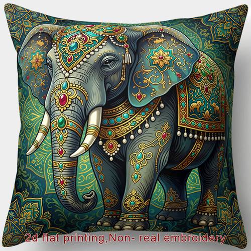 1pc 2d flat printing zipper throw pillow cover pillowcase for exotic themes elephant jewelry intricate patterns ornate decoration non real embroidery with zipper closure hand washable suitable for sofa bed outdoor and home decor