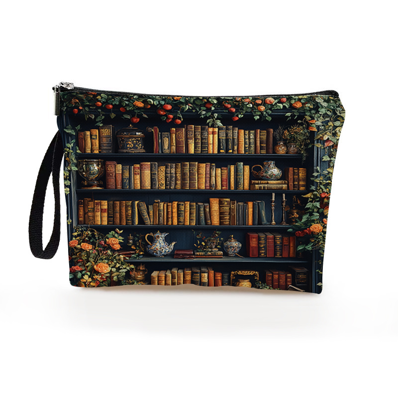Fashion Women's Bookshelf Series Makeup Bag, Material, Suitable For Holiday Outdoor Travel And Daily Use Zipper Bag, Perfect Gift For Ladies, 6.7 Inches X 9.9 Inches