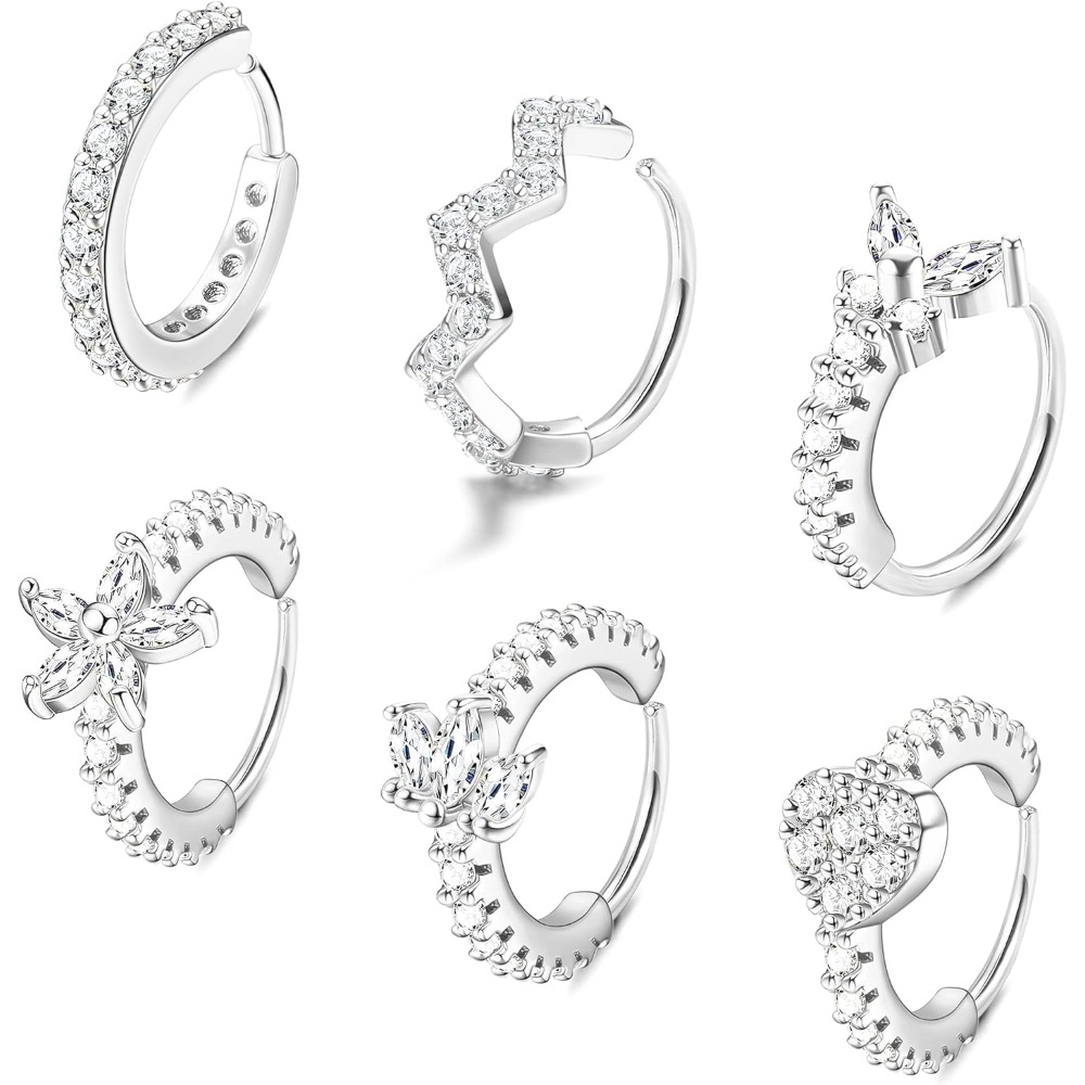 Image of Set Of 6 Stainless Steel Nose Hoops Designed For Men And Women, Featuring Cz Flower, Heart, And Designs, Suitable For Nose And Cartilage Piercings