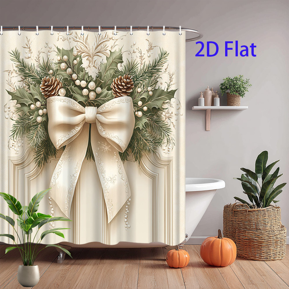TEMU 2d Flat, 1pc 2d Curtain, Modern Art Vintage Neutral Winter Bow Motif Print,, Multiple Sizes , With Hook, Easy To Hang, Machine Washable, Stylish