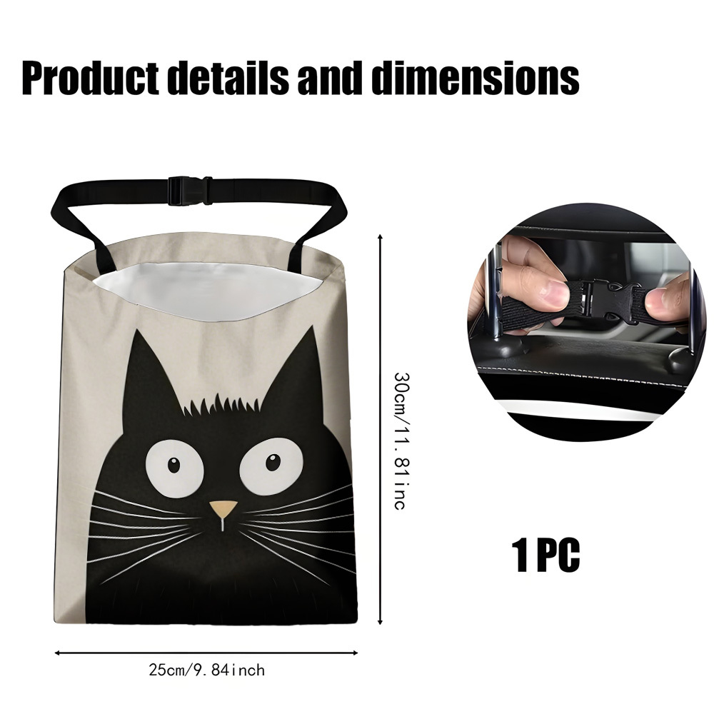 TEMU 1pc Hanging Car Trash Bag, Adjustable And Foldable, Featuring A Black Cat Cartoon-style 2d Print Design. Suitable For Vehicle Accessories,