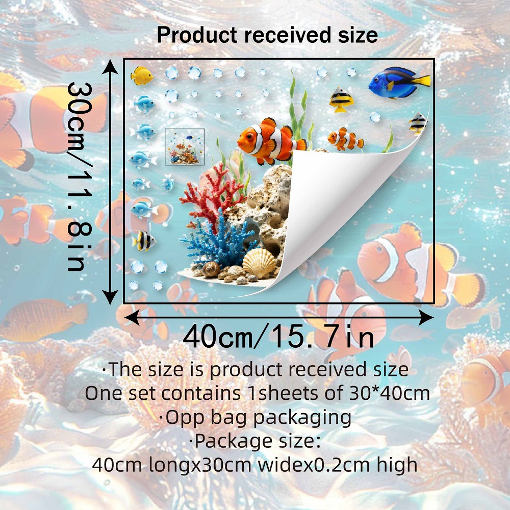 TEMU Jd34238 New World Fish Static Cling Adhesive-free Window Decal, Seashell Water Grass Bubble Decorative Sticker, Reusable -and-stick Glass