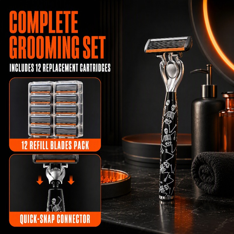 Image of Universal Manual Razor For Men Full Body Washable 1 Click Blade Replacement Smooth Shaving Kit With 12 Replacement Daily Grooming Holiday Gift