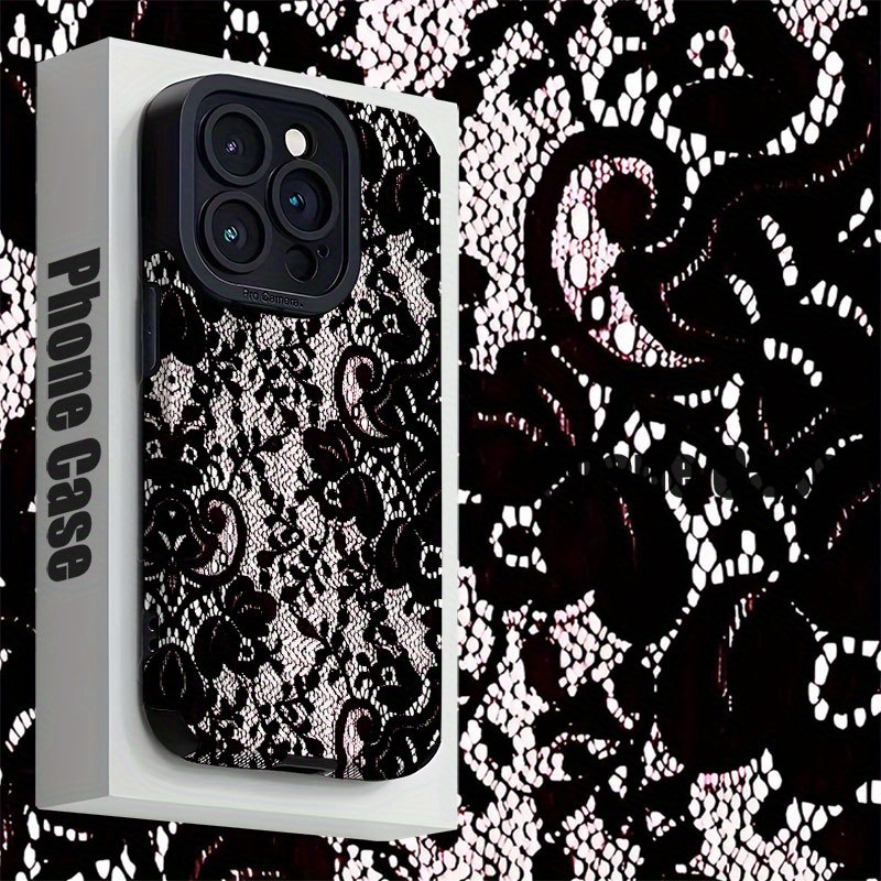 Black Lace Pattern Stylish Phone Case for iPhone 16/iPhone 16 Pro/iPhone 16 Plus/iPhone 16 Pro Max/iPhone 15/15 Plus/15 Pro/15 Pro Max, iPhone 14/14 Plus/14 Pro/14 Pro Max, iPhone 13/13 Pro/13 Pro Max, iPhone 12/12 Pro/12 Pro Max, iPhone 11/11 Pro/11 Pro Max - Dirt-Resistant, Shockproof, High Aesthetic Appeal