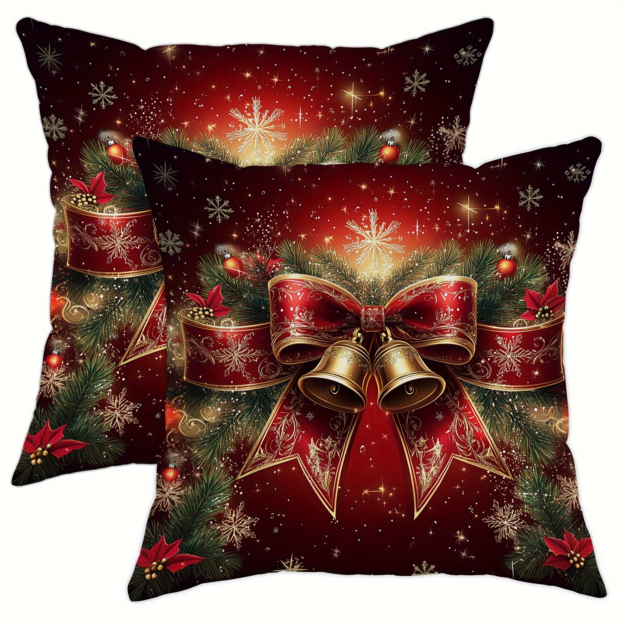 TEMU 2pcs Christmas Decorative Pillow Covers - Red Ribbon Bow, & Pine Tree Snowflake Design, Soft Polyester With Zipper Closure, Machine Washable,