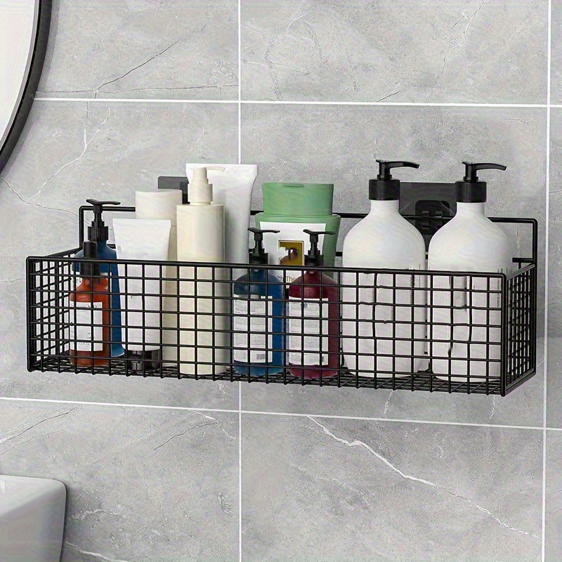 

A Rust-resistant Shower Basket Wire Mesh, A Wall-mounted Storage Rack That Drilling, Featuring A Black Home Bathroom Organizer With 2 Hooks.