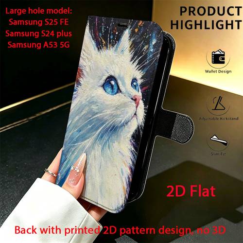 Phone Case - 2D Flat, Starry Blue Cat Pattern Flip-Style Phone Case with Card Slot, Foldable And Stand, Suitable for Galaxy S26 S25 S24 S23 S22 S20FE A56 A54 A53 A52 A36 A35 A34 A32 A26 A25 Faux Leather Design