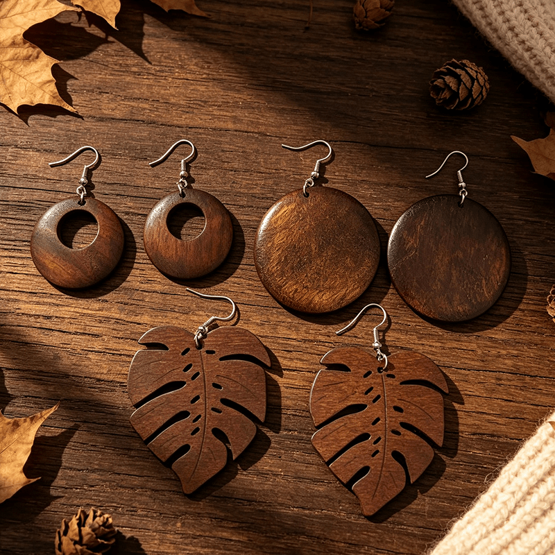 TEMU 3 Paires de Boucles d'Oreilles Style Rétro Automne Hiver, Rondes Creuses, Feuille, Ensemble de Boucles d'Oreilles Pendentif Rond Géométrique,