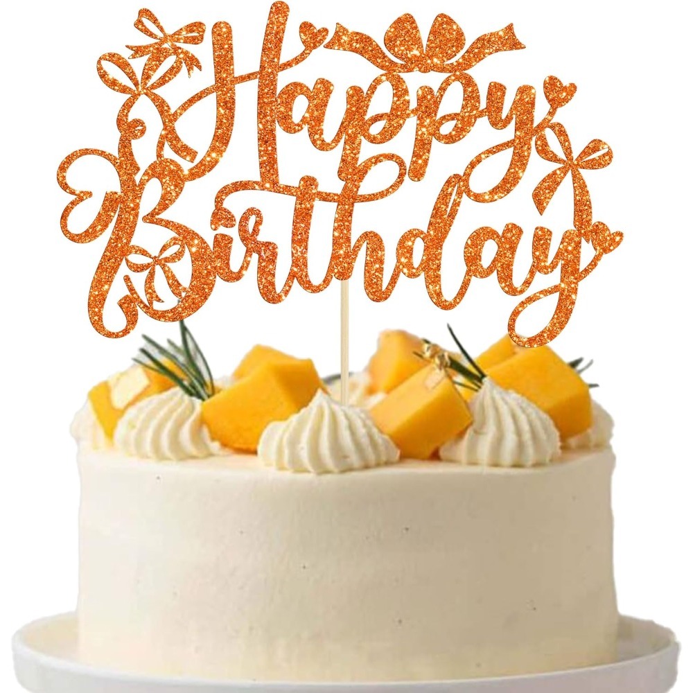 Image of Bow Happy Birthday Cake Topper Glitter Coquette Cake Pick Decorations For Girls Women Birthday Theme Shower Party Supplies Orange
