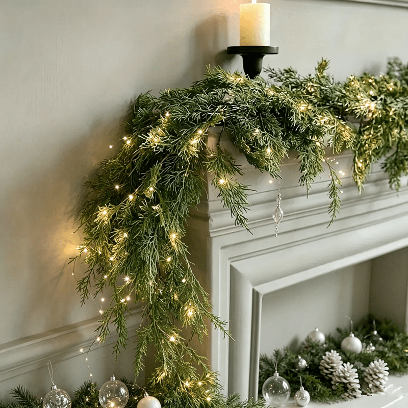 TEMU Artificial Cedar Garland With Led Light - Christmas & Holiday Decor, Ideal For , Fireplace Mantels & Events