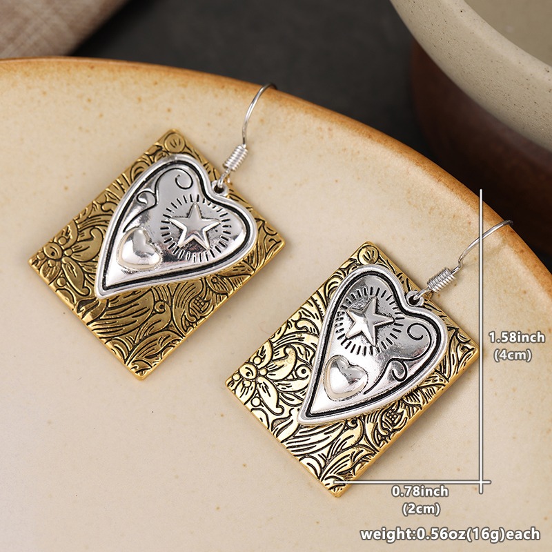 Women's Exquisite Retro Flower Star Pattern Carved Square Pendant Earrings