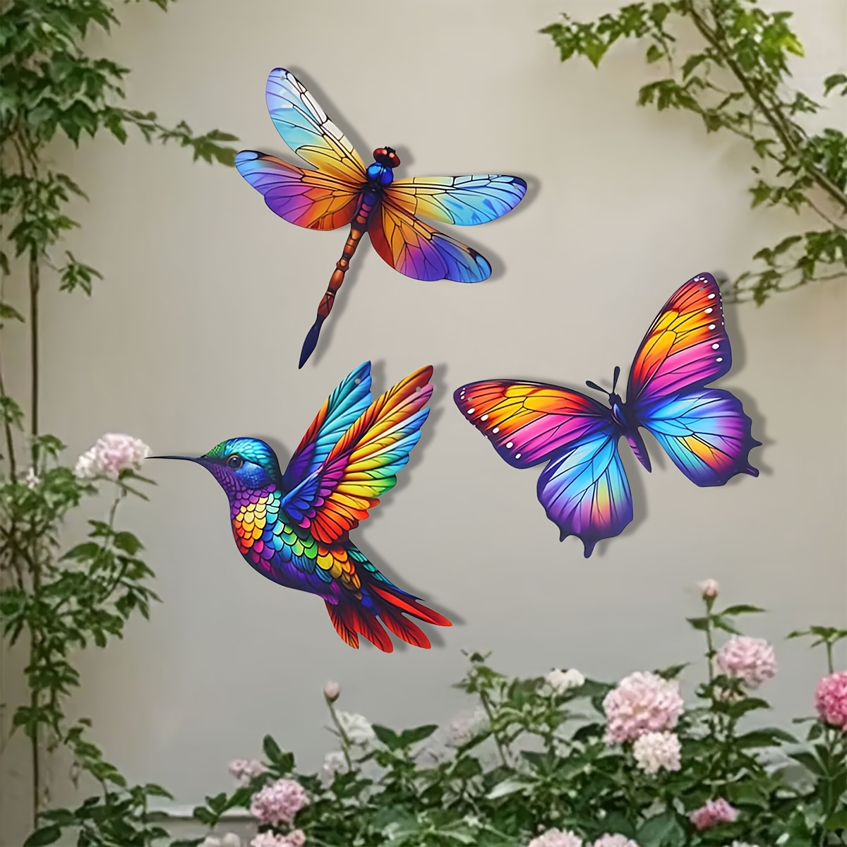 TEMU 【2d Flat】 [2d Flat] Colorful Hummingbird Dragonfly Wall Art Decor - 3pcs Set, Windproof Outdoor Garden Art, Painted Decoration, Suitable For