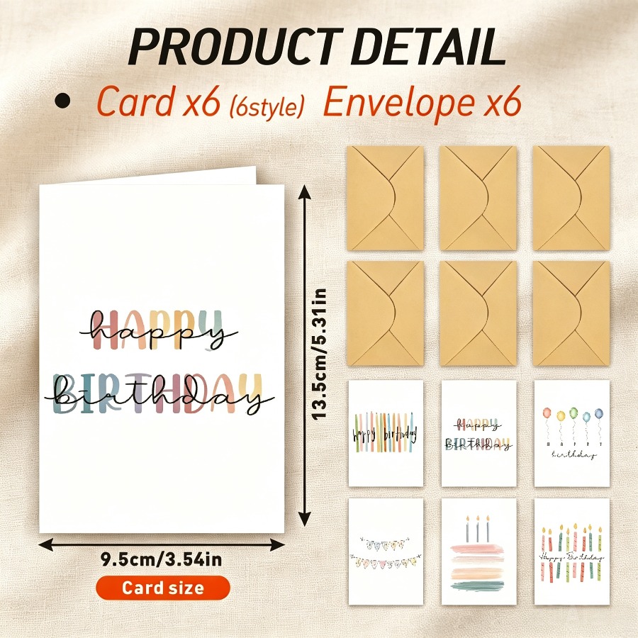 TEMU 12pcs Birthday Greeting Card Set With Envelopes, 6 Unique Birthday Designs, Vibrant Greeting Cards Suitable For , , Women, Men, Mom, Dad - Thank