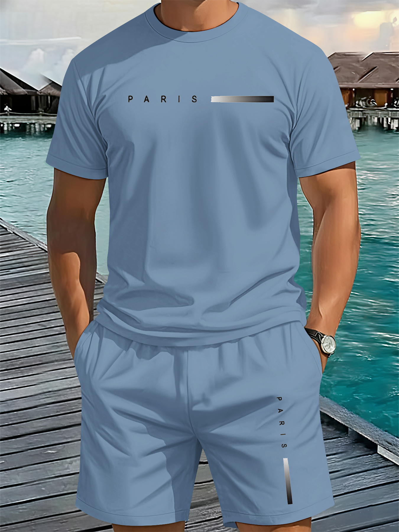 item picture mens 3    short sleeve shorts set street trendy   blue letter two piece suit suitable for daily commuting seaside   and casual         a personalized look