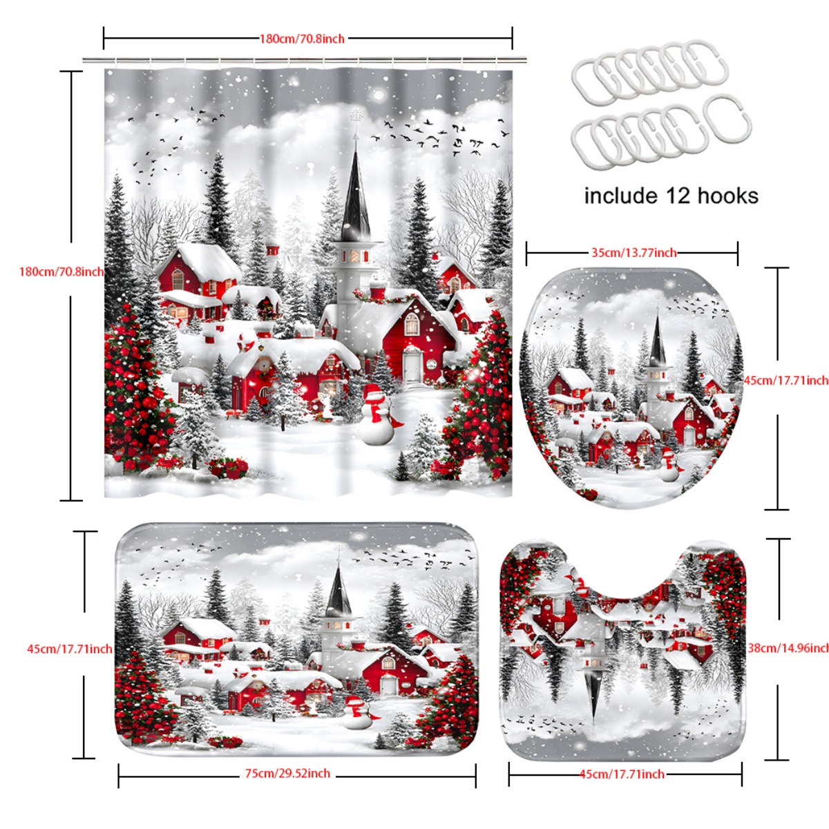 TEMU Ensemble de rideau de douche 4 pièces à motif de village d'hiver plat 2D, rideau de douche avec 6 crochets (90*180)/12 crochets (180*180), tapis