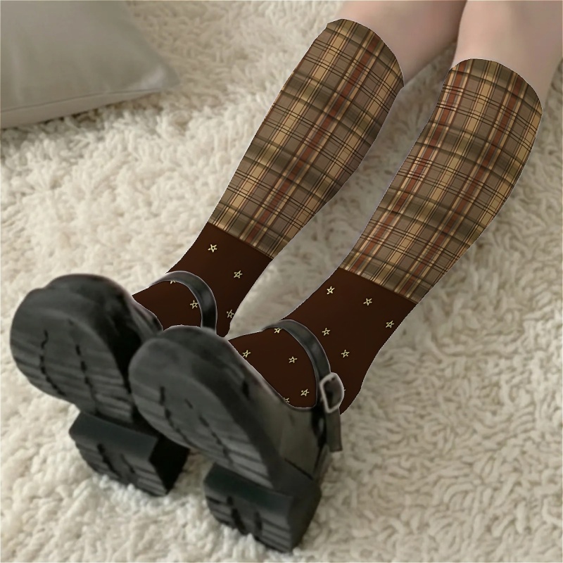 TEMU 1 Pair Of Women's Calf Socks, Brown With Pattern, Classic Retro Style Pattern, Sexy And, Thin Style, Versatile For Going Out, Summer Calf Socks,