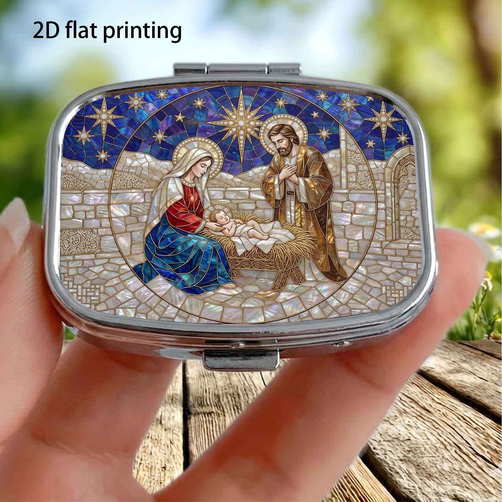 TEMU 1 , 2D , de cielo estrellado, de pintura al óleo vintage religiosa navideña, estuche pequeño cuadrado de 2 compartimentos para pastillas,