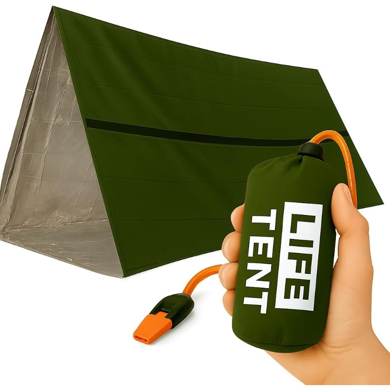 portable emergency survival tent snowy terrain   tubular fabric   green   storage bag with whistle and umbrella rope suitable for camping hiking outdoor activities and vehicle mounted equipment