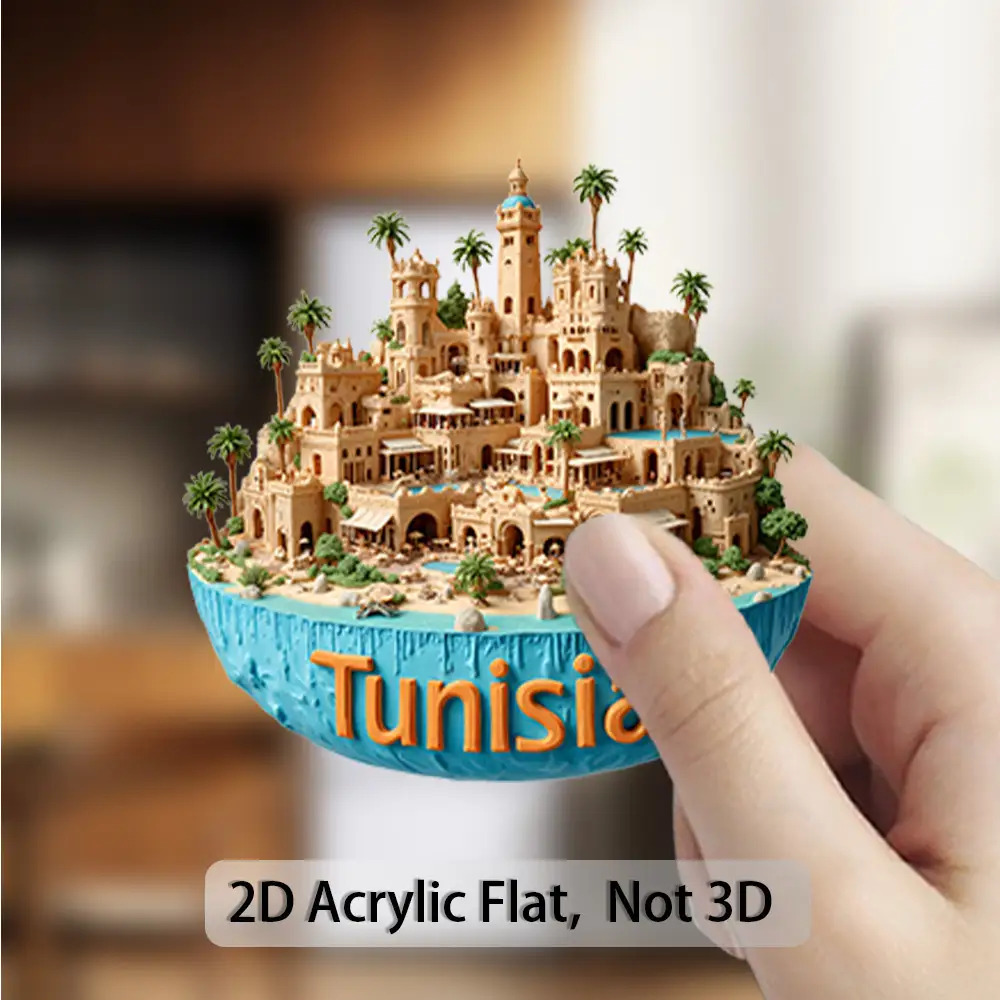 Image of 1 Tunisia Island Magnet - 2d Flat Acrylic Rubber Soft Sticker, Colored Tunisia , Ancient Buildings And Trees - Refrigerator Decoration, Holiday Gifts, Christmas, Mother's Day