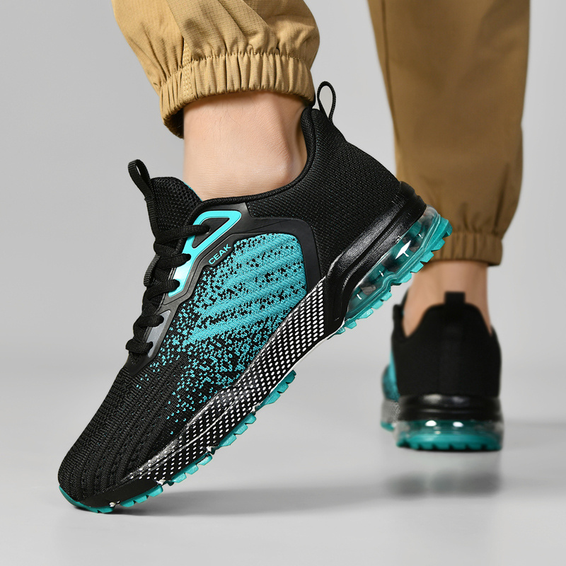 Men's Breathable Knit Sneakers - Lightweight Cushioned MD/TPU Sole, Sharp Toe Design for Hiking, Yoga & Training - Black with Teal Accents, Striped/Checkered/Pure Color Options, All-Season Low-Top Sneakers, Hiking Footwear, Sporty Aesthetic, Flexible Interior Lining
