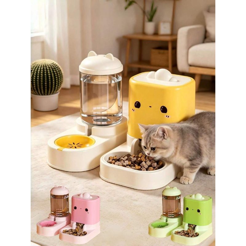 2-In-1 Automatic Pet Feeder And Dispenser Set, Food Feeder Bowl, Large Capacity Dog Food Station, Cute Cartoon Design for Kittens, Puppies, And Small Pets, Without Battery