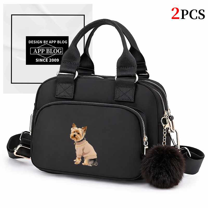 2pcs Yorkshire Terrier Pattern Versatile Women's Crossbody Bag Shoulder Bag Suitable For Pairing With Cute Plush Little Balls Set. Universal Commuter Bag For Women Nylon Fabric Phone Bag Handbag