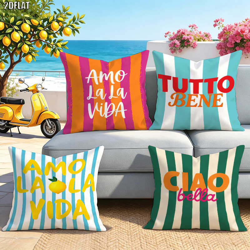 4pcs Set, Italian-style Colorful Striped Lemon Print Pillowcases, Southern Italian Style Home Decor Pillow Covers, Summer Decorative Cushion Covers, Gift For Family, , , Zipper Closure, Multiple Sizes