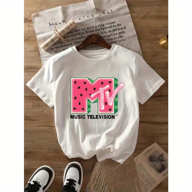 

Retro 'mtv' Graphic Tee For Women - Cream With Lettering, Short Sleeve, Round Neck, Casual Polyester Top, Machine Washable, Ladies Tee Shirts